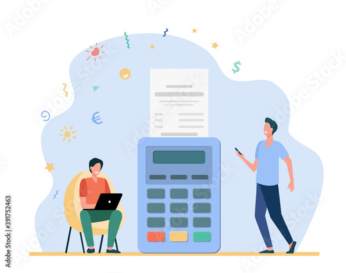 Man paying online and getting sales slip. Receipt, laptop, terminal flat vector illustration. Payment and money transaction concept for banner, website design or landing web page