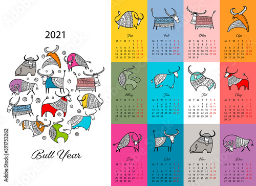 Happy new year, Calendar 2021. Bull, ox, cow.