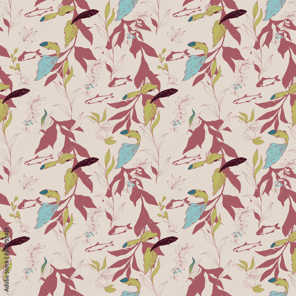 Fototapeta premium Fish in a thicket of algae on a light blue, aquamarine, turquoise background. Seamless pattern. Underwater life.