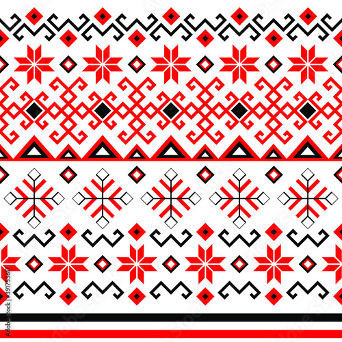 Bulgarian balkan national folklore embroidery style red, white and black ornamental seamless vector pattern