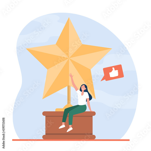 Tiny woman sitting on large golden star. Like, prize, blogger flat vector illustration. Achievement and social media concept for banner, website design or landing web page