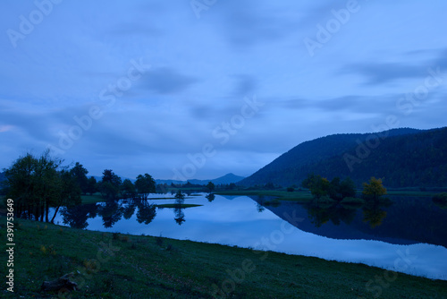Blue evening lake reflections