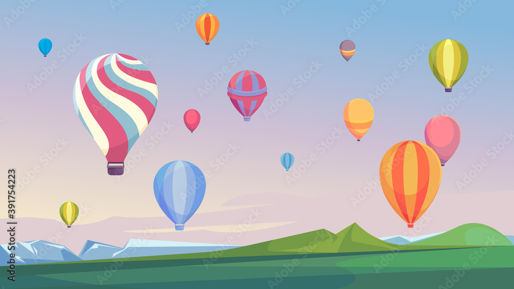 Naklejka premium Hot air balloons flying in sky. Beautiful non-urban scene.