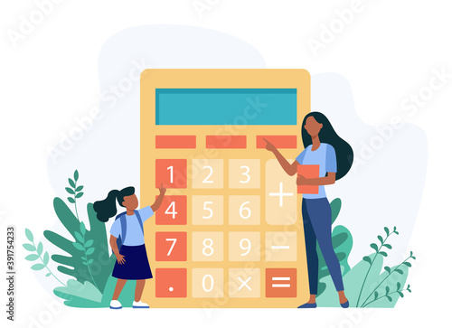 Woman explaining girl how to use calculator. Digit, teacher, child flat vector illustration. Education and calculation concept for banner, website design or landing web page