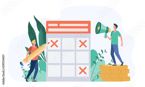 Two men and schedule for publications in social media. Coin, blogger, pencil flat vector illustration. Management and planning concept for banner, website design or landing web page