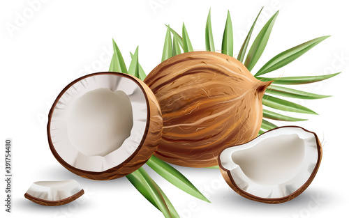 Whole and cracked open coconuts with monstera leaves. Realistic. 3D mockup product placement