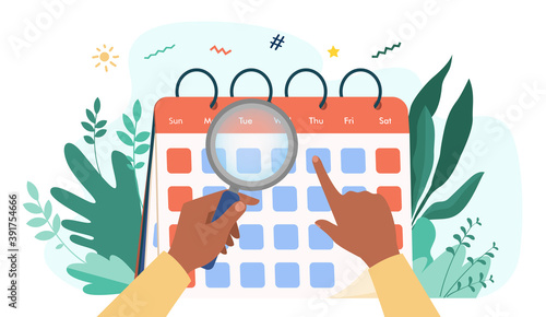 Hands with magnifier checking calendar. Magnifying glass, date, day flat vector illustration. Time and planning concept for banner, website design or landing web page