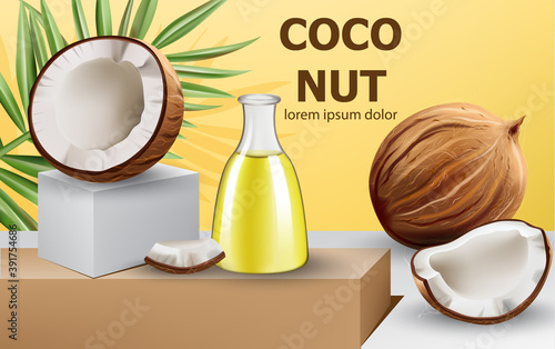 Whole and cracked open coconuts with monstera leaf and a carafe with oil on p...