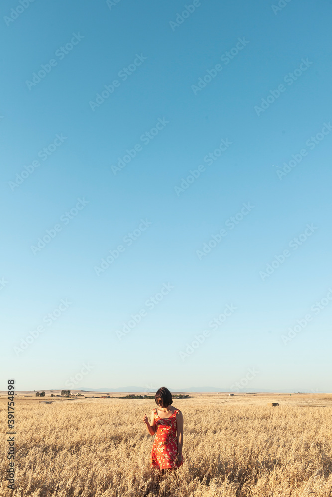 Girl in a wheat field with blue sky and a red dress in a state of happiness and freedom Girl in a wheat field with blue sky and a red dress in a state of happiness and freedom