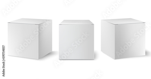 Set of three white boxes positioned at different angles. Realistic. 3D mockup...
