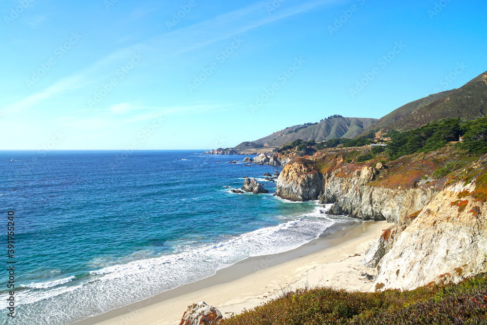 Nature Landscape of Blue West Coast of pacific ocean at Bixby Greek Bridge in Big Sur Monterey California United states USA - Travel Beautiful Road Trip Concept - Nature Background Nature Landscape of Blue West Coast of pacific ocean at Bixby Greek Bridge in Big Sur Monterey California United states USA - Travel Beautiful Road Trip Concept - Nature Background