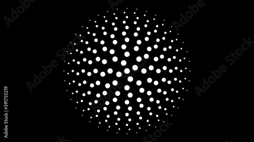 Circular monochrome seamless dot pattern 4K animation with 4 fold rotational symmetry, circles orbit in a synchronised mathematical geometric structure