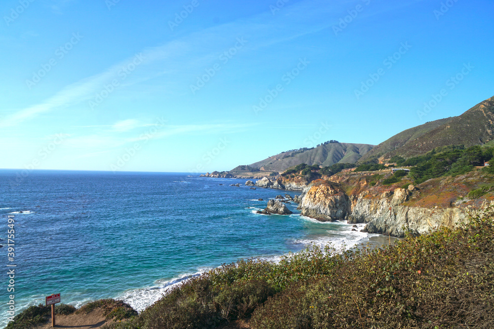 Nature Landscape of Blue West Coast of pacific ocean at Bixby Greek Bridge in Big Sur Monterey California United states USA - Travel Beautiful Road Trip Concept - Nature Background 