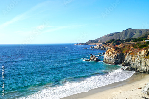 Nature Landscape of Blue West Coast of pacific ocean at Bixby Greek Bridge in Big Sur Monterey California United states USA - Travel Beautiful Road Trip Concept - Nature Background 