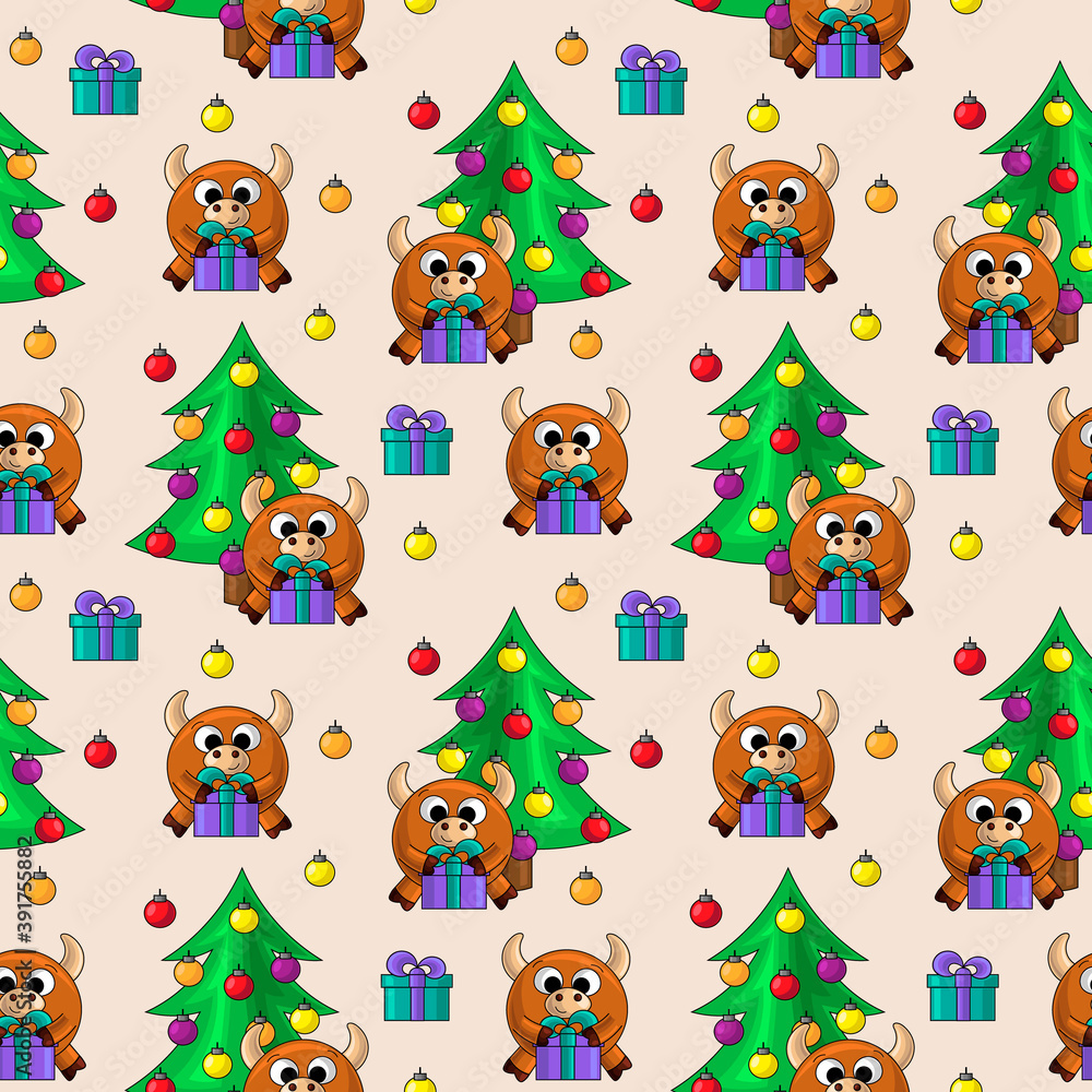 Obraz premium Seamless vector pattern with bull, Christmas tree and gift