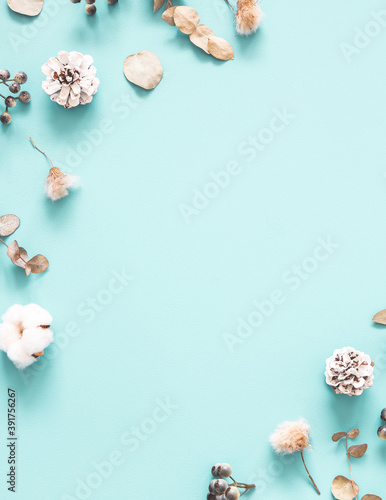 Winter composition. Dried leaves, cotton flowers, berries, pine cones on mint background. Autumn, fall, winter concept. Flat lay, top view