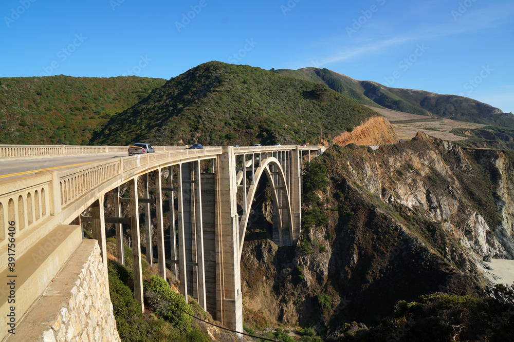 Landscape of Bixby Creek Bridge on beautiful West Coast and pacific ocean at Big Sur Monterey California United states USA - Travel Beautiful Road Trip Concept - Nature Background