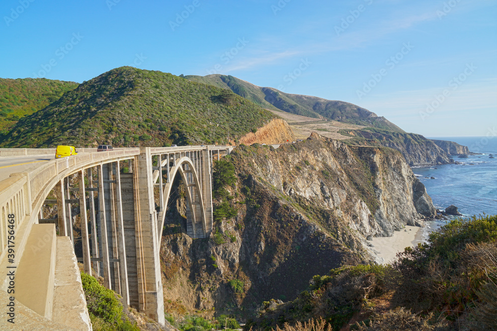 Landscape of Bixby Creek Bridge on beautiful West Coast and pacific ocean at Big Sur Monterey California United states USA - Travel Beautiful Road Trip Concept - Nature Background Landscape of Bixby Creek Bridge on beautiful West Coast and pacific ocean at Big Sur Monterey California United states USA - Travel Beautiful Road Trip Concept - Nature Background