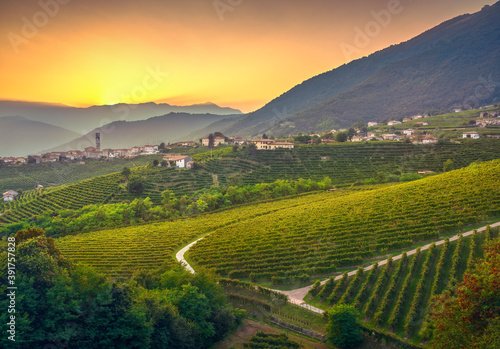 Prosecco Hills, vineyards and San Pietro di Barbozza village. Valdobbiadene, Veneto, Italy