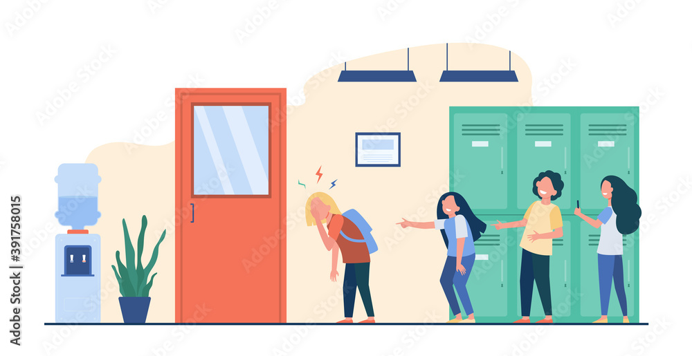 School bullying victim. Group of kids laughing at sad lonely classmate, pointing finger at girl, shooting video. Vector illustration for nerd, aggression, cruel children concept