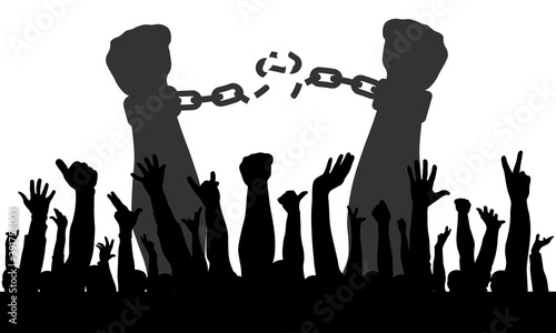 Cheerful hands of people (crowd) on background of male hands breaking chains in handcuffs. Concept of freedom. Vector illustration.