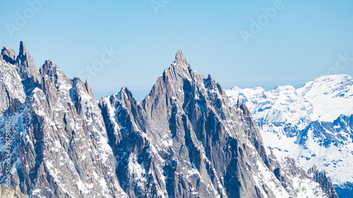 Sharpened peaks with snow and glaciers in the Monte Bianco (meaning "White Mountain") mountain range, Aosta Valley, Italy