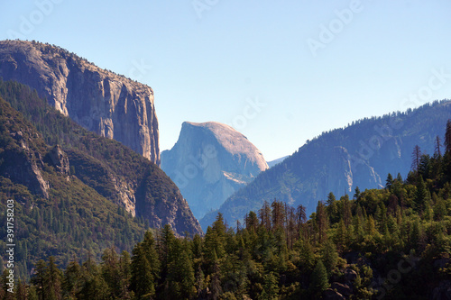 Landscape Closeup Nature view of Yosemite Tunnel View From this vista you can see El Capitan  Half Dome and Pine tree valley at Yosemite National Park Wawona Rd  California  USA - Travel outdoor