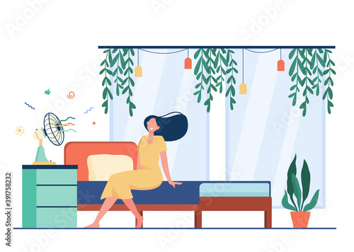 Happy woman with flying hair sitting at air fan, cooling in heat room. Vector illustration for hot weather, summer, conditioning at home concept
