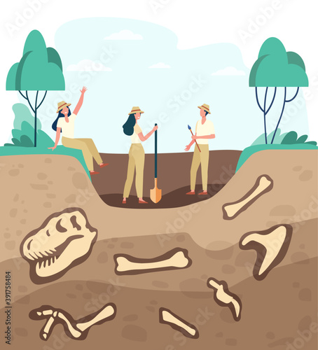 Group of archeologists discovering fossils, digging ground with dinosaur bones. Vector illustration for archeology, paleontology, science, expedition concept