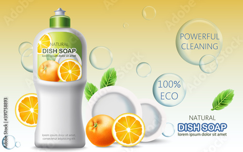Bottle of dish soap surrounded by bubbles, oranges and plates. Ecological powerful cleaning. Place for text. Realistic 3D mockup product placement