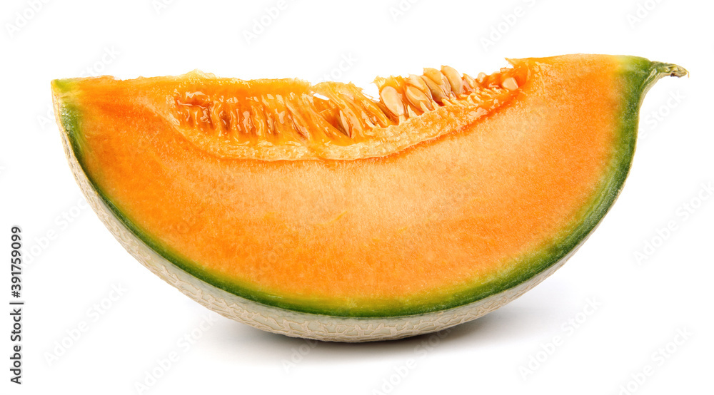 A piece of cantaloupe melon is isolated on a white background. A piece of cantaloupe melon is isolated on a white background.