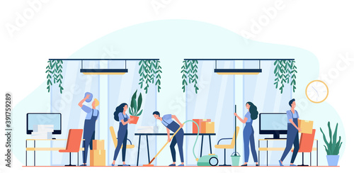 Team of professional janitors cleaning office. Vector illustration for cleaners job, cleaning service, hygiene at work concept