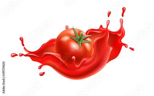Composition of a tomato submerged in flowing red liquid. Realistic 3D