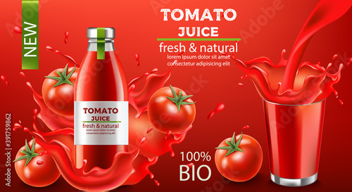 Bottle of fresh and natural bio juice submerged in flowing liquid and tomatoes with a cup splashing fluid. Place for text. Realistic 3D mockup product placement