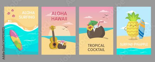 Colorful Hawaiian posters design with sea beach. Vivid bright tropical elements and fruit characters. Hawaii vacation and summer concept. Template for promotional leaflet or flyer