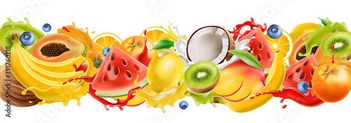 Composition of tropical fruits splashing in flowing juice, watermelon, orange, coconut, kiwi, mango, banana, blueberries. Realistic 3D mockup product placement