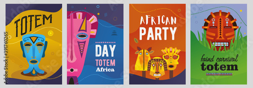 Totem party posters set. African tribal masks vector illustrations with text. Creative design for carnival flyers or ethnic party invitation cards