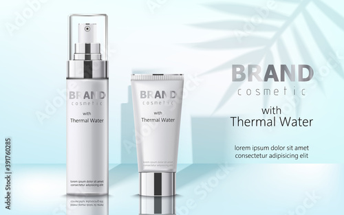 Composition of two containers with cosmetics, thermal water. Place for text. Realistic 3D mockup product placement
