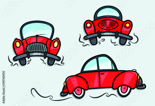 Different view of vintage red car in cartoon look