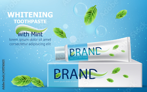 Tube of whitening toothpaste with mint on top of a carton box surrounded by bubbles, sparkles and leaves. Place for text. Realistic 3D mockup product placement