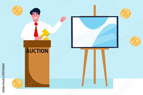 Man Auctioneer with Gavel. Sales in Art Gallery. People Buyers Bargain for Picture. Vector Flat Illustration.