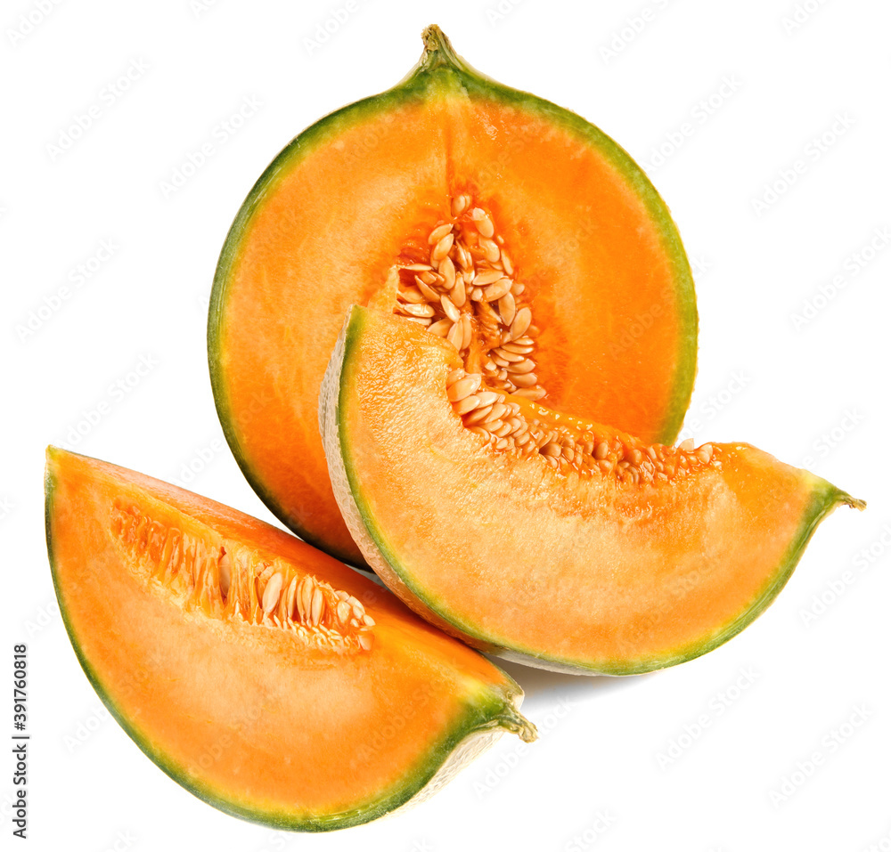 Half of the cantaloupe melon and a piece of melon are isolated on a white background. Half of the cantaloupe melon and a piece of melon are isolated on a white background.