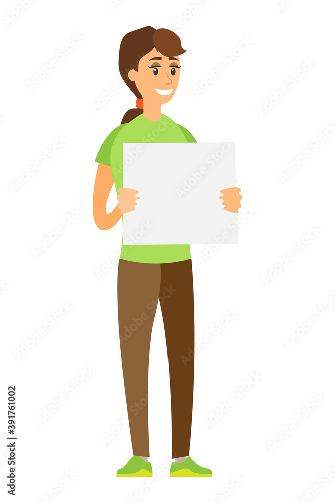 Smiling woman with blank sheet of paper, isolated cartoon character from volunteers organization. Vector protesting girl, volunteer or social worker Smiling woman with blank sheet of paper, isolated cartoon character from volunteers organization. Vector protesting girl, volunteer or social worker