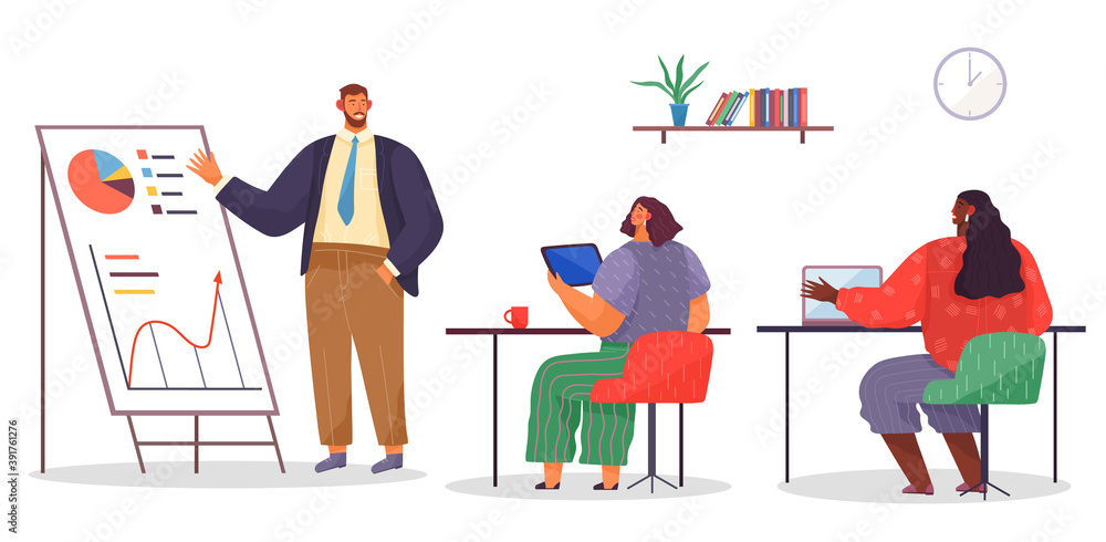 Business meeting or working process. Women sitting in office at a table with laptop, man explains statistical charts. Project management and teamwork concept. Businessman make a financial report Business meeting or working process. Women sitting in office at a table with laptop, man explains statistical charts. Project management and teamwork concept. Businessman make a financial report