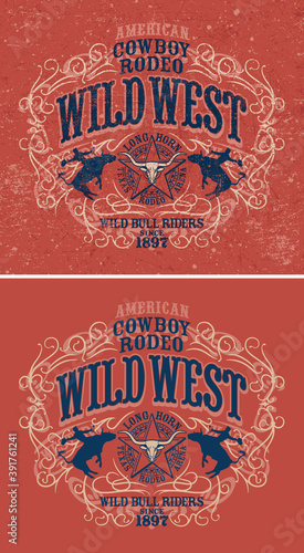 Country wild west rodeo bull rider vintage western and grunge version vector artwork for boy man wear t shirt