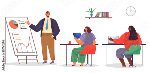 Business meeting or working process. Women sitting in office at a table with laptop, man explains statistical charts. Project management and teamwork concept. Businessman make a financial report