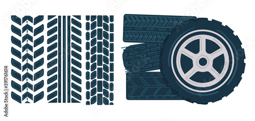 Car tires with muddy traces on white, motocross
