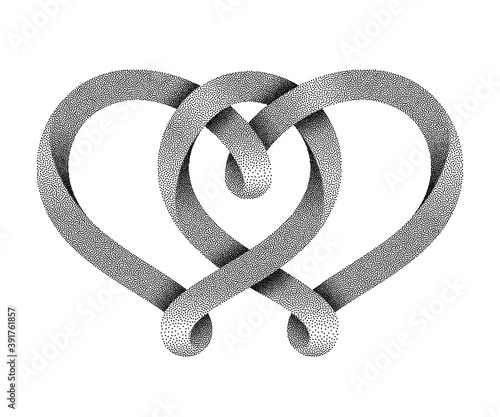 Vector sign of the union of two hearts made of stippled mobius stripe. Symbol of eternal love.