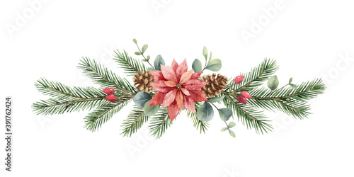 Watercolor vector Christmas wreath with fir branches, poinsettia and eucalyptus.