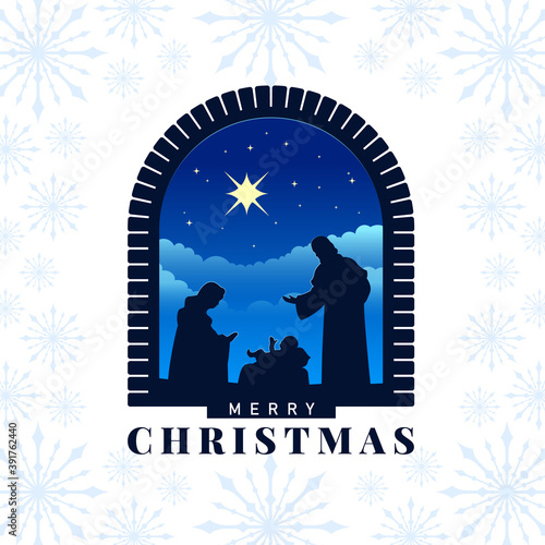 Merry christmas - the birth of jesus banner with Nativity of Jesus scene and star light in Stone Archway on snow texture background vector design